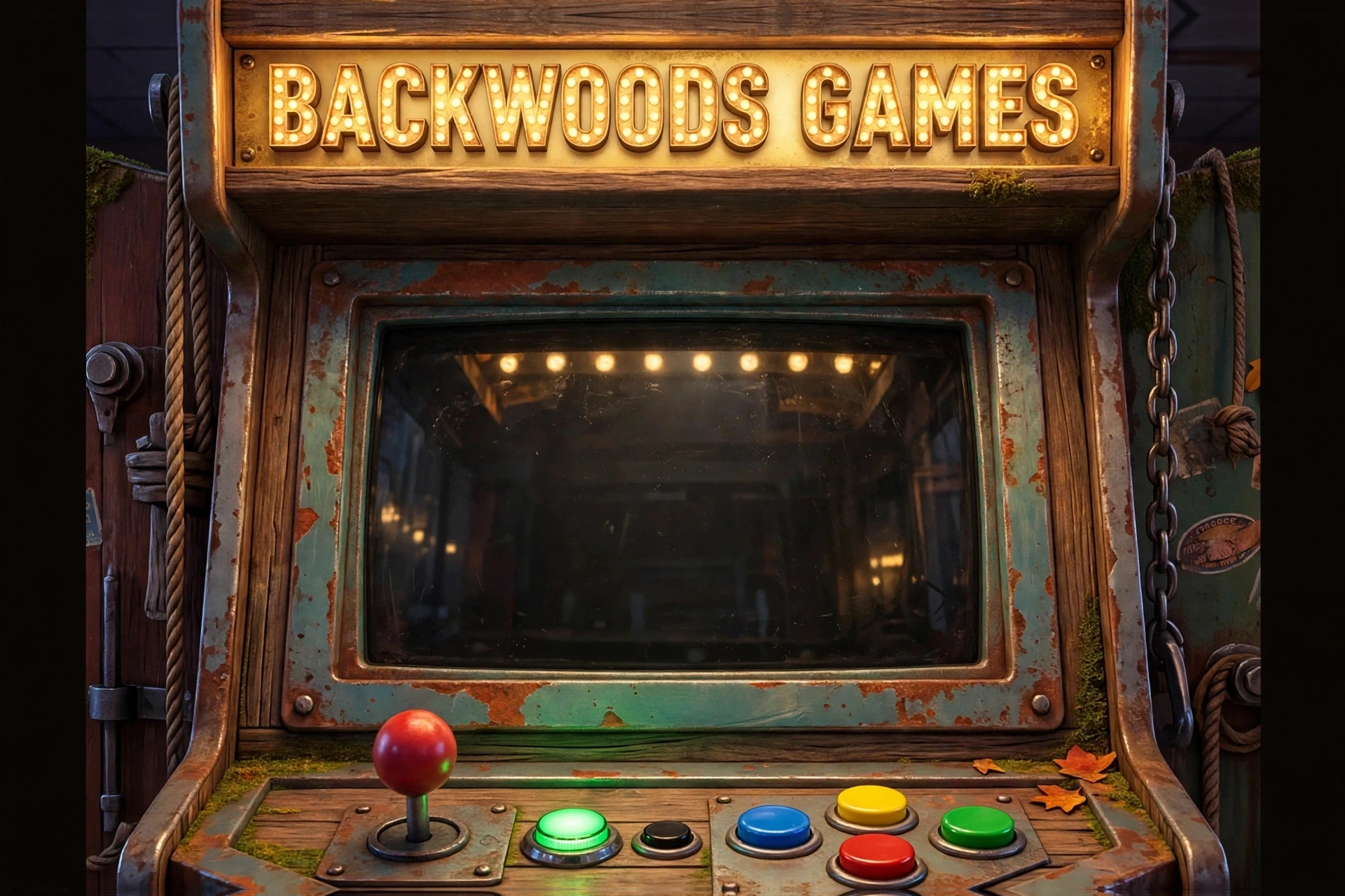 Weathered arcade cabinet with a lit BACKWOODS GAMES marquee, red ball-top joystick and chunky colored buttons
