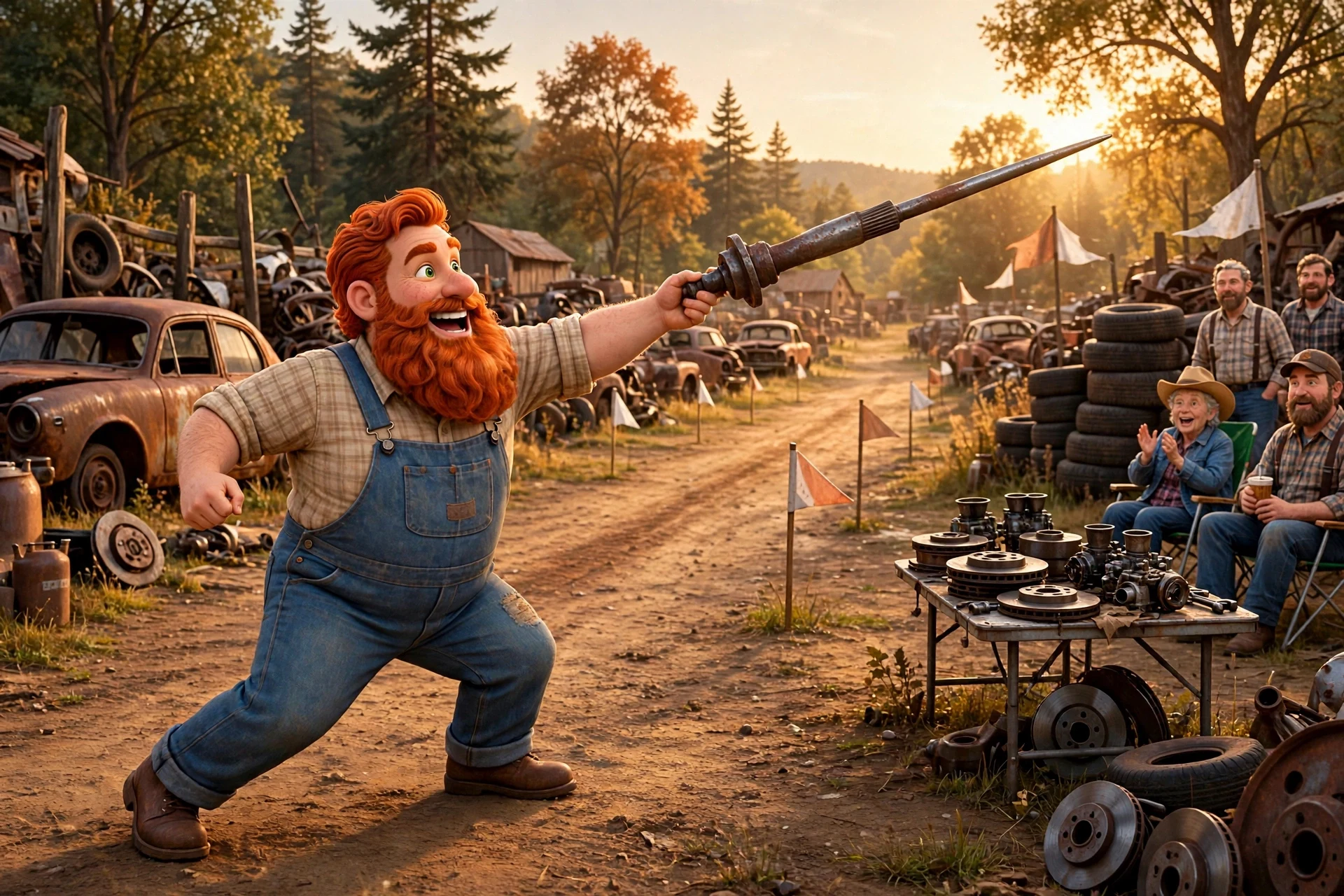 Buck winding up to throw an axle shaft down the junkyard field while the family watches from lawn chairs